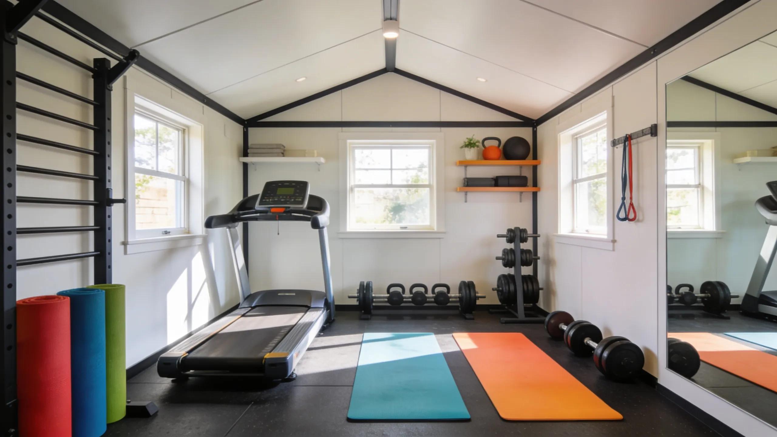 Interior layout of a gym shed with organized fitness equipment fostering an efficient workout space. Contact Montana Shed Center for more Gym shed ideas